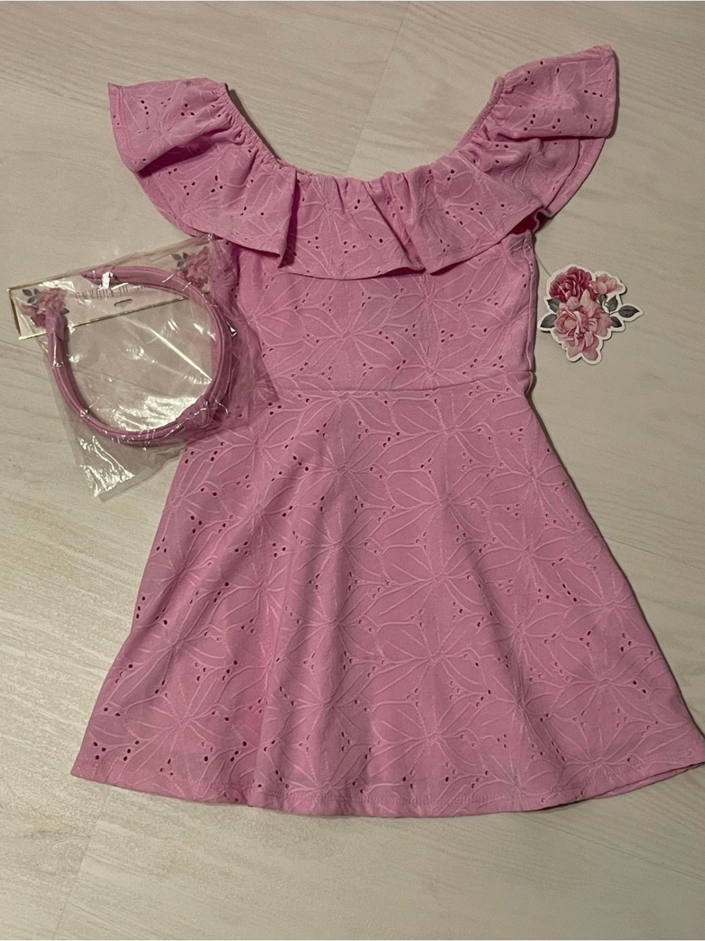 btween Pink Eyelet Ruffle Off-Shoulder Dress with Headband